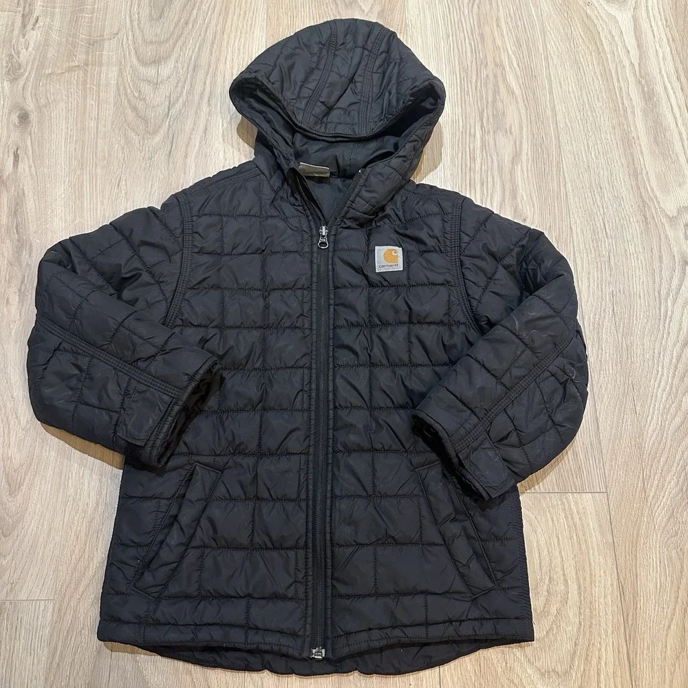 Carhartt Youth Boys Small 7-8 Black Insulated Hooded Puffer Jacket Quilted Nylon